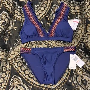 Splendid Navy Blue Tribal Ruffle Two Piece Bikini